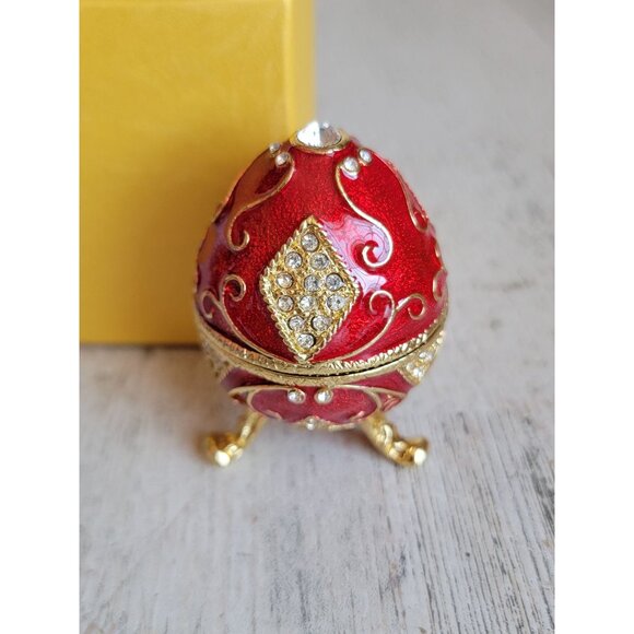 Miniature enameled red rhinestone egg trinket box unique decorative - Picture 1 of 7